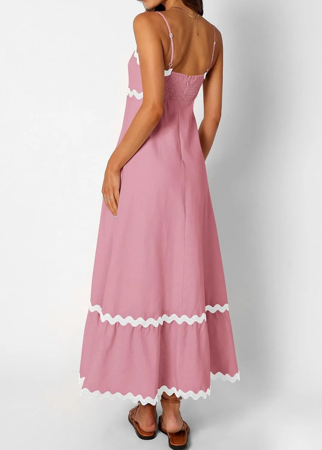 KIRUNDO Womens Summer Dresses 2025 Boho Spaghetti Strap Sleeveless Smocked Rickrack Trim Flowy Beach Vacation Midi Sundress