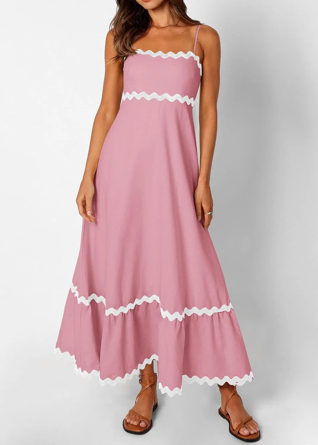 KIRUNDO Womens Summer Dresses 2025 Boho Spaghetti Strap Sleeveless Smocked Rickrack Trim Flowy Beach Vacation Midi Sundress