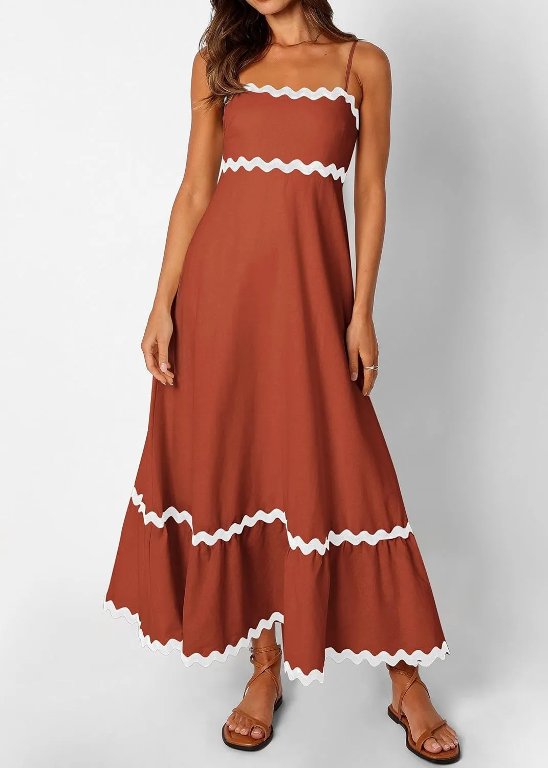 KIRUNDO Womens Summer Dresses 2025 Boho Spaghetti Strap Sleeveless Smocked Rickrack Trim Flowy Beach Vacation Midi Sundress