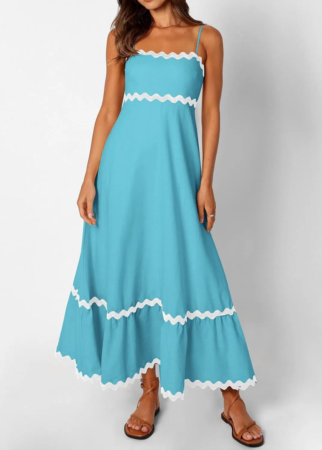 KIRUNDO Womens Summer Dresses 2025 Boho Spaghetti Strap Sleeveless Smocked Rickrack Trim Flowy Beach Vacation Midi Sundress