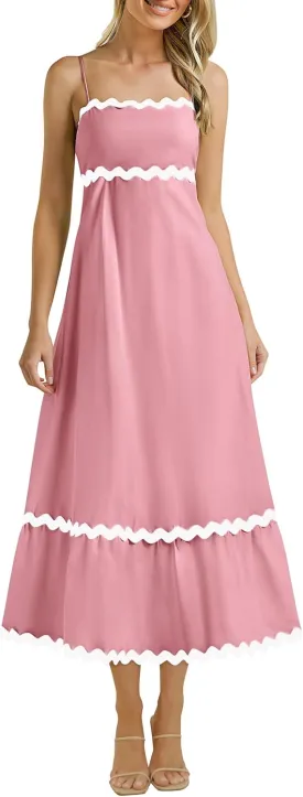 KIRUNDO Womens Summer Dresses 2025 Boho Spaghetti Strap Sleeveless Smocked Rickrack Trim Flowy Beach Vacation Midi Sundress