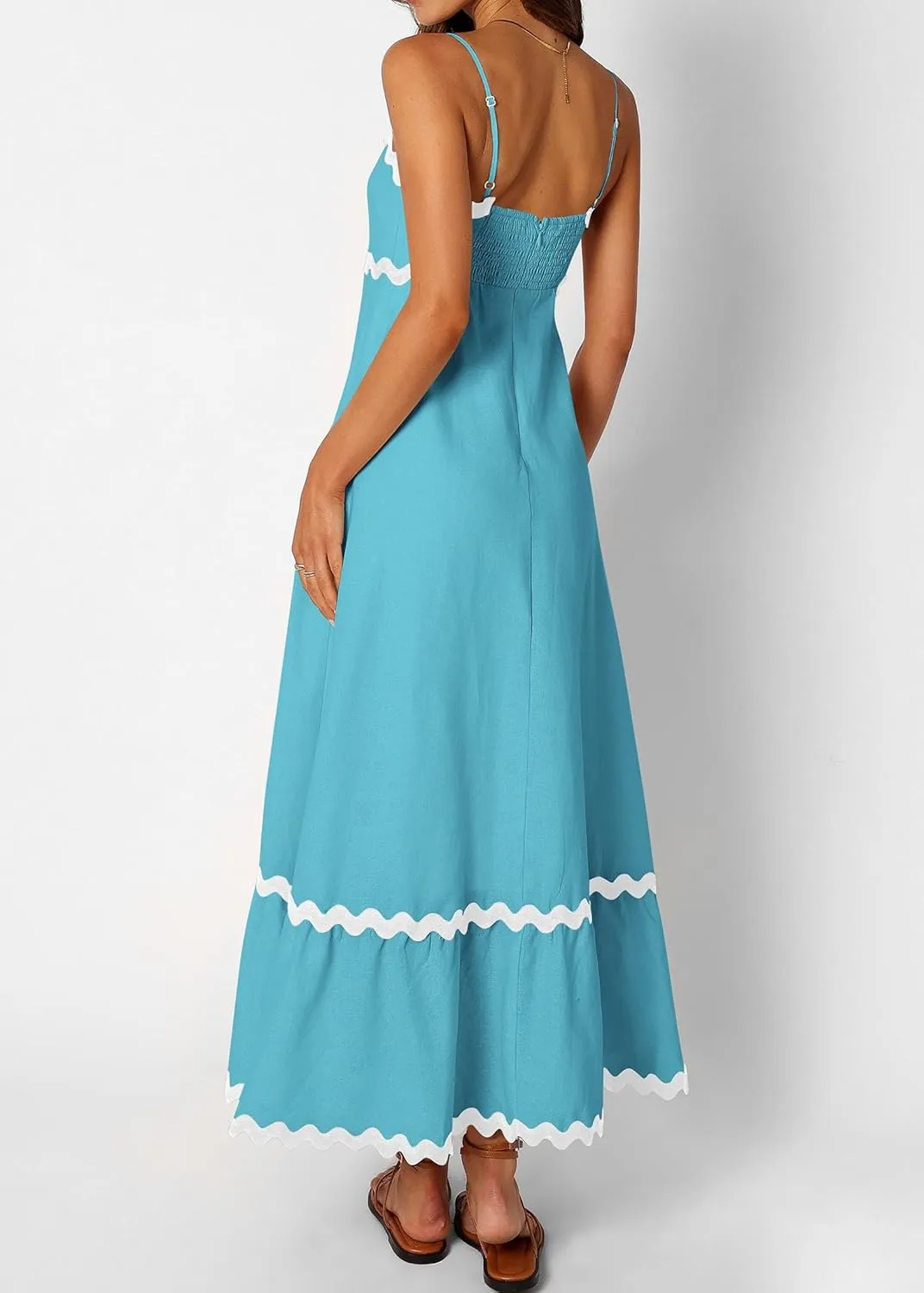KIRUNDO Womens Summer Dresses 2025 Boho Spaghetti Strap Sleeveless Smocked Rickrack Trim Flowy Beach Vacation Midi Sundress