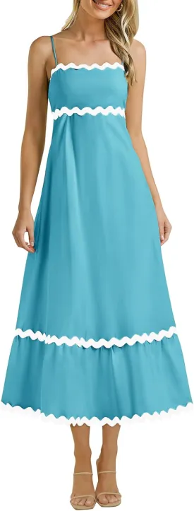 KIRUNDO Womens Summer Dresses 2025 Boho Spaghetti Strap Sleeveless Smocked Rickrack Trim Flowy Beach Vacation Midi Sundress