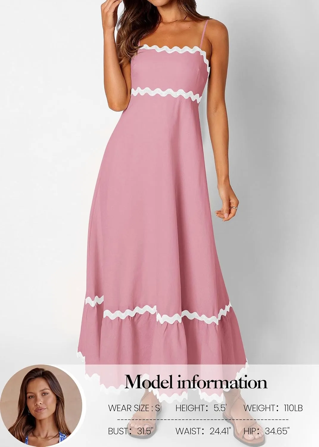 KIRUNDO Womens Summer Dresses 2025 Boho Spaghetti Strap Sleeveless Smocked Rickrack Trim Flowy Beach Vacation Midi Sundress