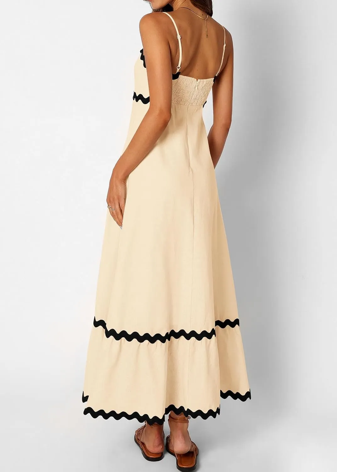 KIRUNDO Womens Summer Dresses 2025 Boho Spaghetti Strap Sleeveless Smocked Rickrack Trim Flowy Beach Vacation Midi Sundress