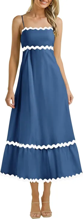 KIRUNDO Womens Summer Dresses 2025 Boho Spaghetti Strap Sleeveless Smocked Rickrack Trim Flowy Beach Vacation Midi Sundress