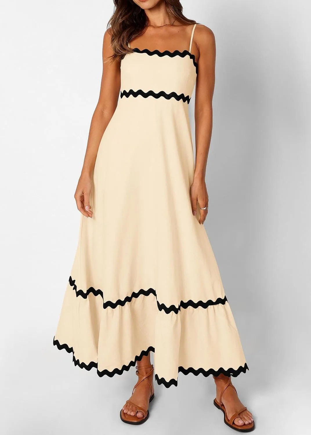 KIRUNDO Womens Summer Dresses 2025 Boho Spaghetti Strap Sleeveless Smocked Rickrack Trim Flowy Beach Vacation Midi Sundress