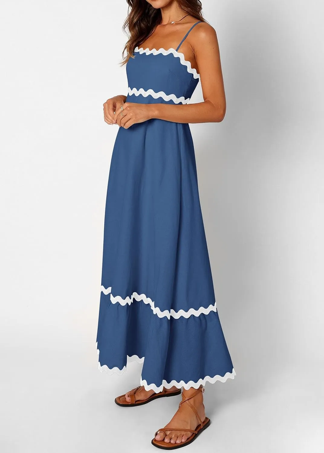 KIRUNDO Womens Summer Dresses 2025 Boho Spaghetti Strap Sleeveless Smocked Rickrack Trim Flowy Beach Vacation Midi Sundress