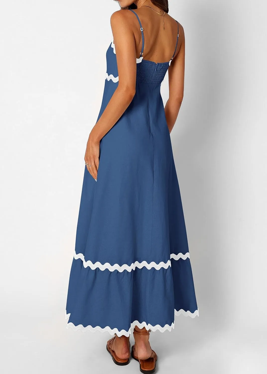KIRUNDO Womens Summer Dresses 2025 Boho Spaghetti Strap Sleeveless Smocked Rickrack Trim Flowy Beach Vacation Midi Sundress