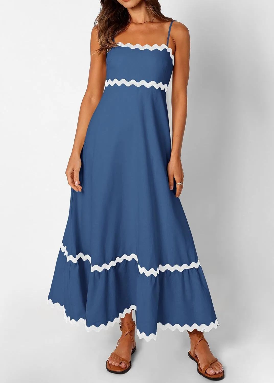 KIRUNDO Womens Summer Dresses 2025 Boho Spaghetti Strap Sleeveless Smocked Rickrack Trim Flowy Beach Vacation Midi Sundress