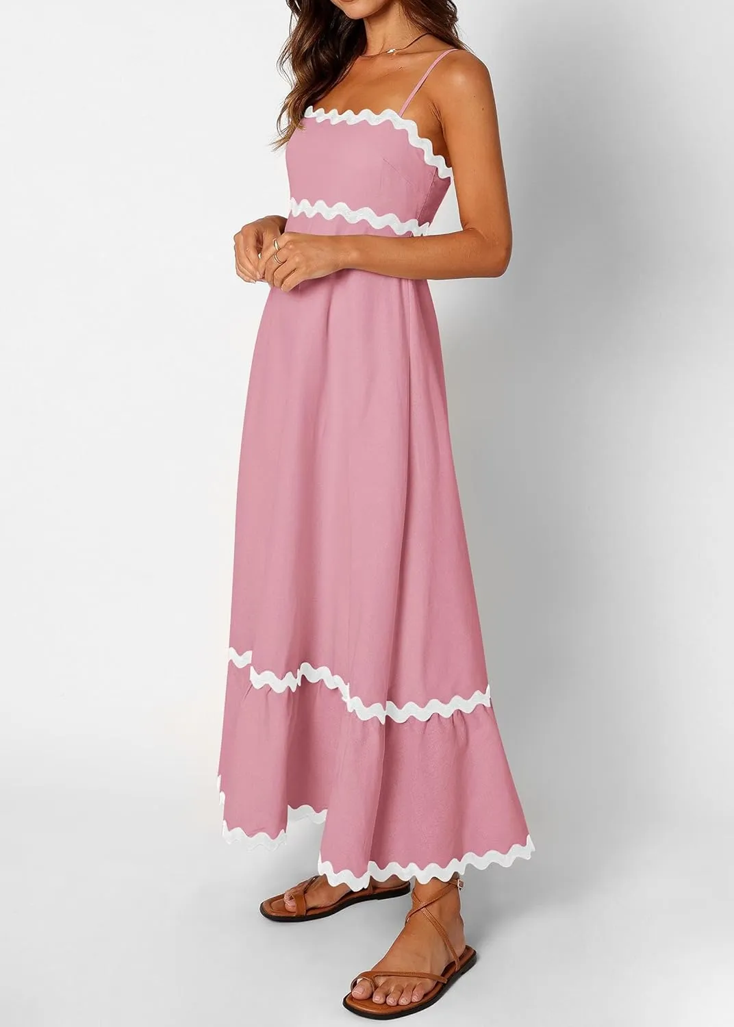KIRUNDO Womens Summer Dresses 2025 Boho Spaghetti Strap Sleeveless Smocked Rickrack Trim Flowy Beach Vacation Midi Sundress