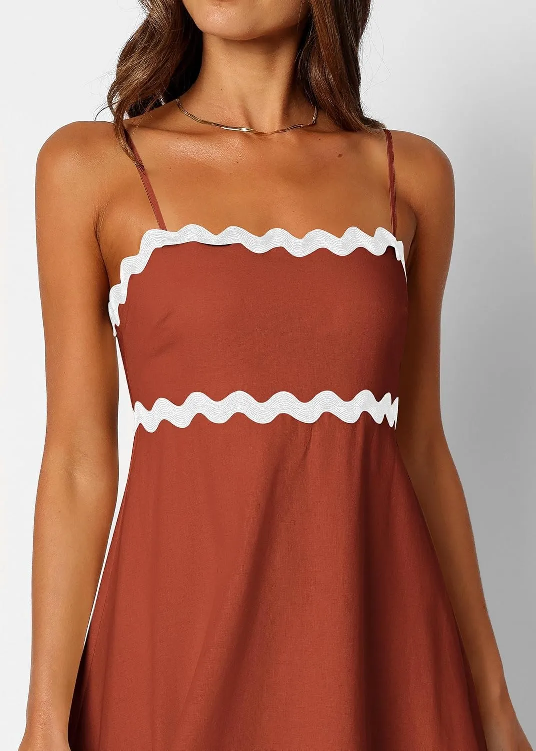KIRUNDO Womens Summer Dresses 2025 Boho Spaghetti Strap Sleeveless Smocked Rickrack Trim Flowy Beach Vacation Midi Sundress