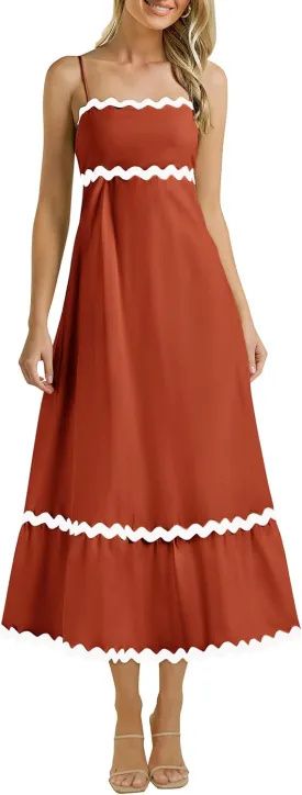KIRUNDO Womens Summer Dresses 2025 Boho Spaghetti Strap Sleeveless Smocked Rickrack Trim Flowy Beach Vacation Midi Sundress