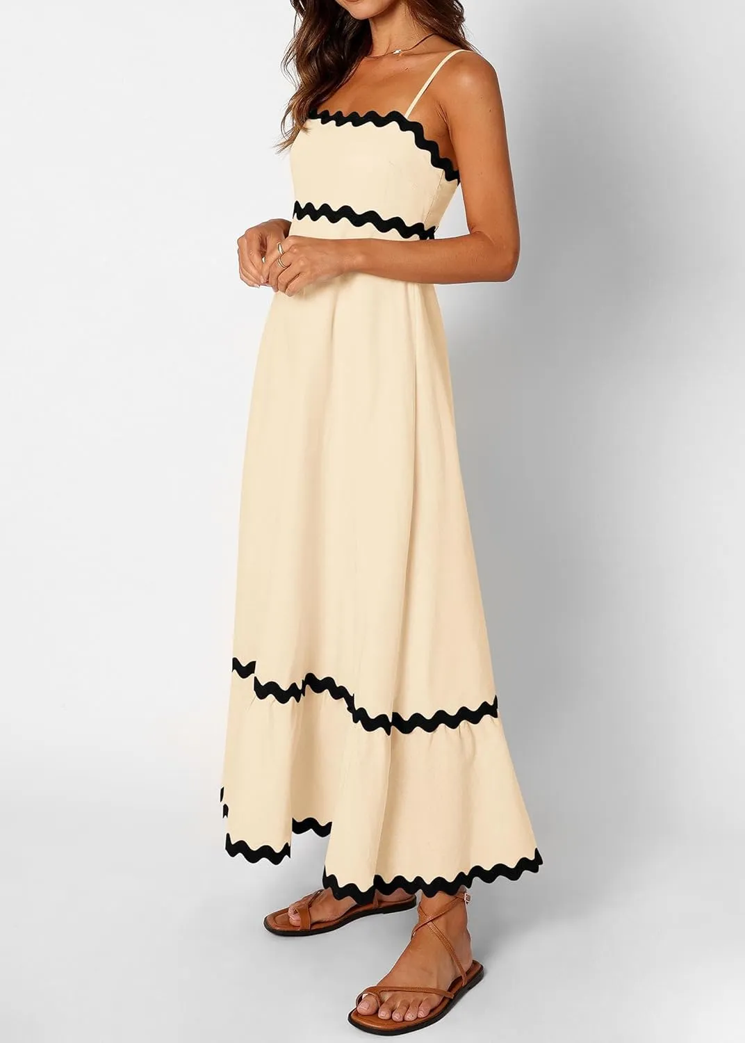 KIRUNDO Womens Summer Dresses 2025 Boho Spaghetti Strap Sleeveless Smocked Rickrack Trim Flowy Beach Vacation Midi Sundress