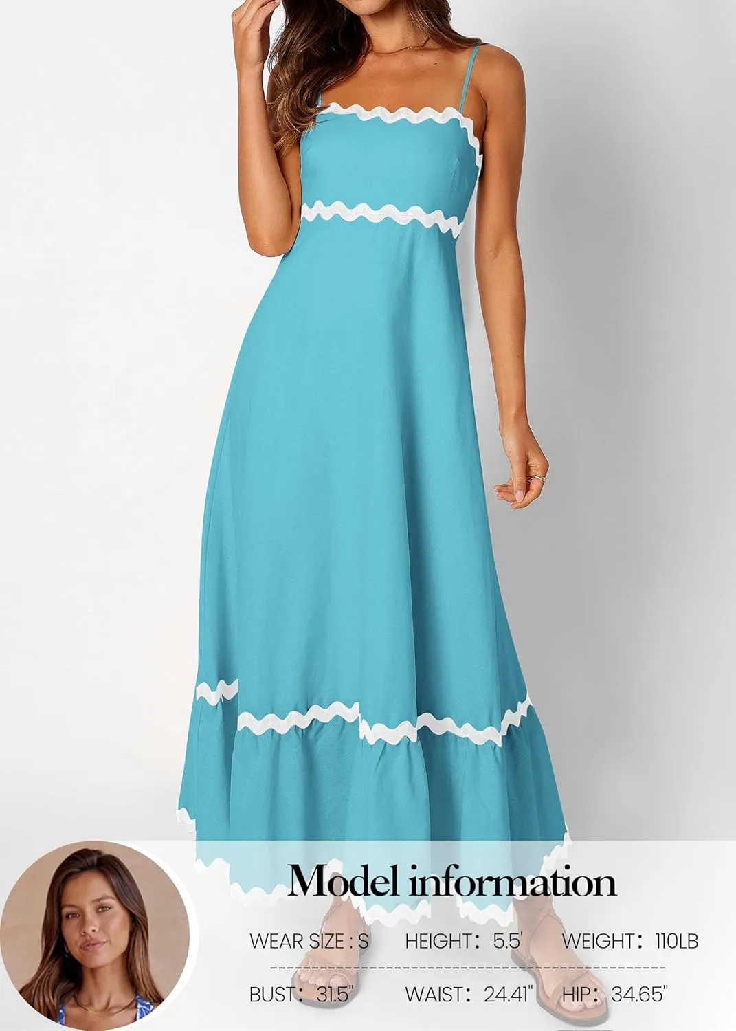 KIRUNDO Womens Summer Dresses 2025 Boho Spaghetti Strap Sleeveless Smocked Rickrack Trim Flowy Beach Vacation Midi Sundress