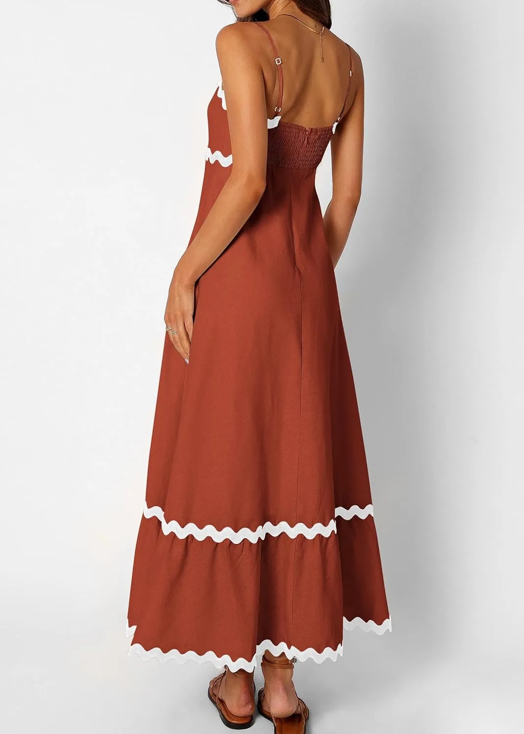 KIRUNDO Womens Summer Dresses 2025 Boho Spaghetti Strap Sleeveless Smocked Rickrack Trim Flowy Beach Vacation Midi Sundress