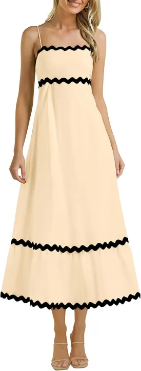 KIRUNDO Womens Summer Dresses 2025 Boho Spaghetti Strap Sleeveless Smocked Rickrack Trim Flowy Beach Vacation Midi Sundress