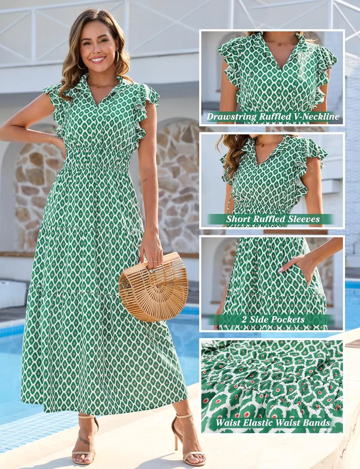 Kranda 2025 Women Summer Self-tie V Neck High Waist Ruffle Cap Sleeve Flowy Tiered Long Boho Floral Maxi Dress with Pockets
