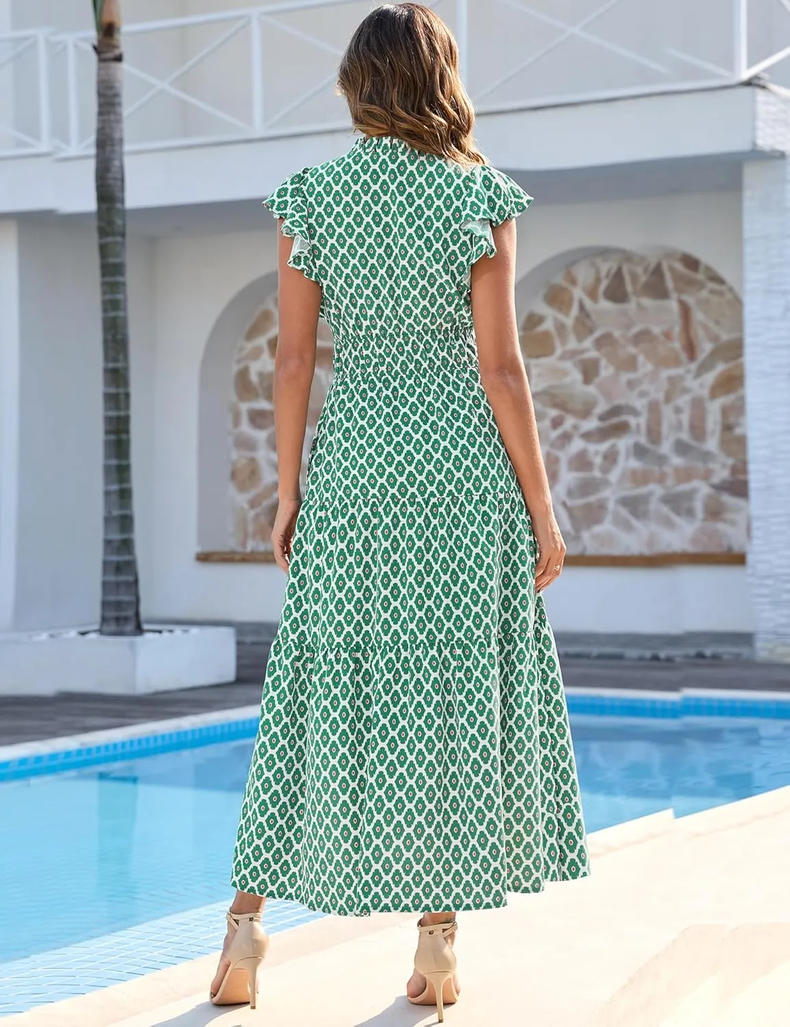 Kranda 2025 Women Summer Self-tie V Neck High Waist Ruffle Cap Sleeve Flowy Tiered Long Boho Floral Maxi Dress with Pockets