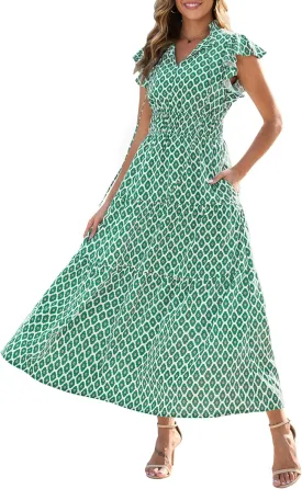 Kranda 2025 Women Summer Self-tie V Neck High Waist Ruffle Cap Sleeve Flowy Tiered Long Boho Floral Maxi Dress with Pockets