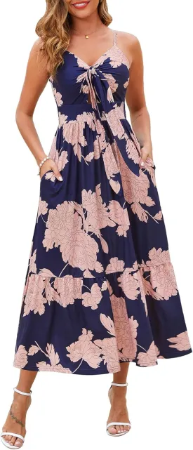 Kranda Women 2025 Summer Sundress High Waist Tie Front Spaghetti Strap Ruffle Long Beach Floral Maxi Dress with Pockets