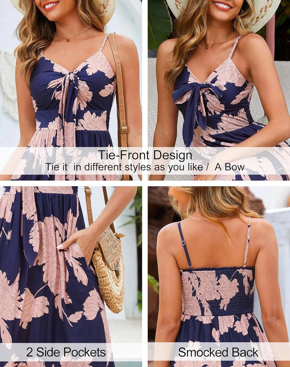 Kranda Women 2025 Summer Sundress High Waist Tie Front Spaghetti Strap Ruffle Long Beach Floral Maxi Dress with Pockets