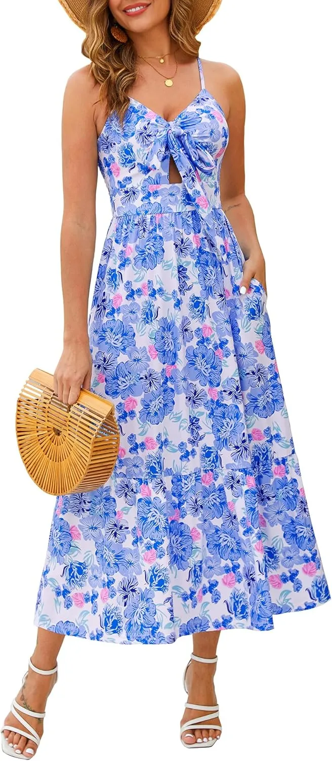 Kranda Women 2025 Summer Sundress High Waist Tie Front Spaghetti Strap Ruffle Long Beach Floral Maxi Dress with Pockets