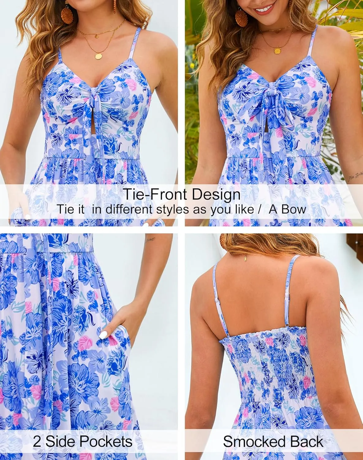 Kranda Women 2025 Summer Sundress High Waist Tie Front Spaghetti Strap Ruffle Long Beach Floral Maxi Dress with Pockets