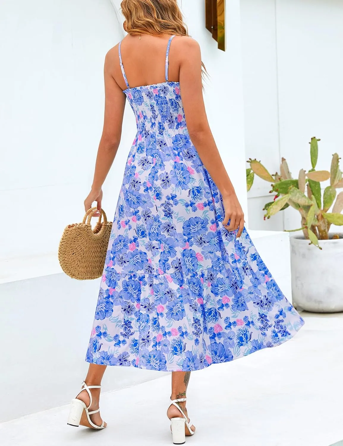 Kranda Women 2025 Summer Sundress High Waist Tie Front Spaghetti Strap Ruffle Long Beach Floral Maxi Dress with Pockets