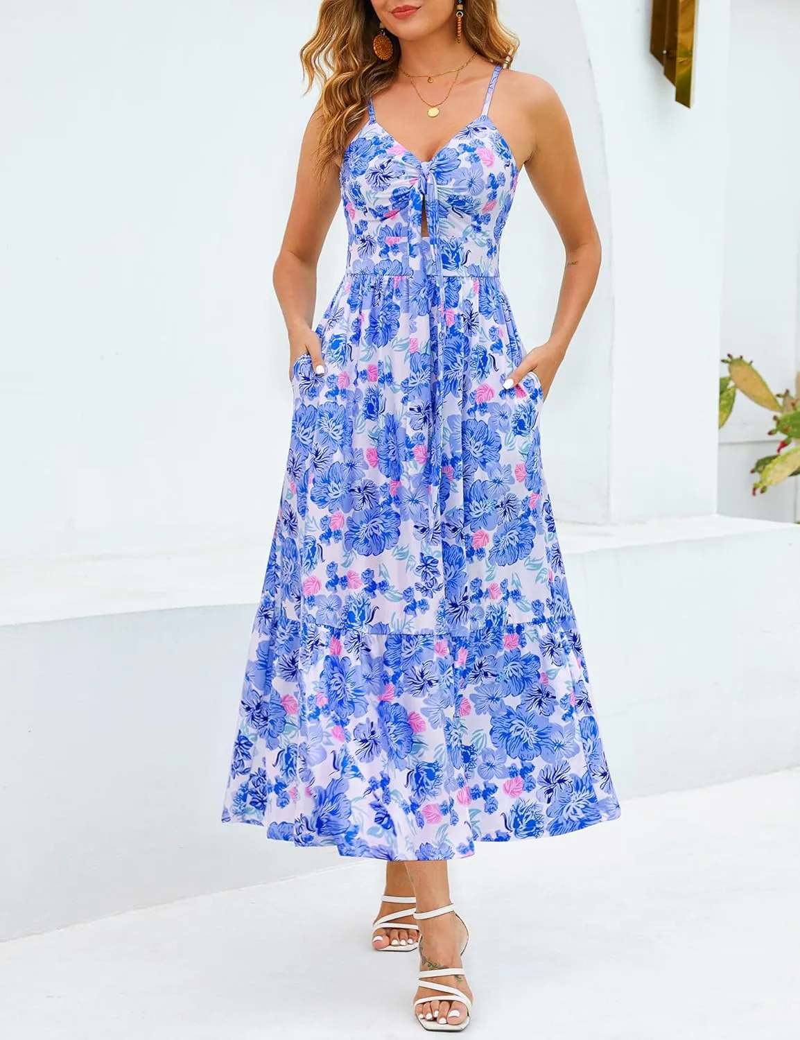 Kranda Women 2025 Summer Sundress High Waist Tie Front Spaghetti Strap Ruffle Long Beach Floral Maxi Dress with Pockets
