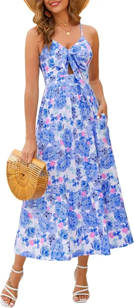 Kranda Women 2025 Summer Sundress High Waist Tie Front Spaghetti Strap Ruffle Long Beach Floral Maxi Dress with Pockets