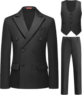 Lamgool Boys Suit 3 Piece Slim Fit Tuxedo Double Breasted Kids Formal Outfit Set with Blazer Vest Pant for Wedding Prom Party