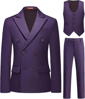 Lamgool Boys Suit 3 Piece Slim Fit Tuxedo Double Breasted Kids Formal Outfit Set with Blazer Vest Pant for Wedding Prom Party