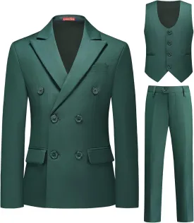 Lamgool Boys Suit 3 Piece Slim Fit Tuxedo Double Breasted Kids Formal Outfit Set with Blazer Vest Pant for Wedding Prom Party