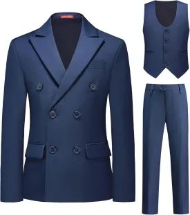 Lamgool Boys Suit 3 Piece Slim Fit Tuxedo Double Breasted Kids Formal Outfit Set with Blue Blazer Vest Pant for Wedding Prom Size 4T