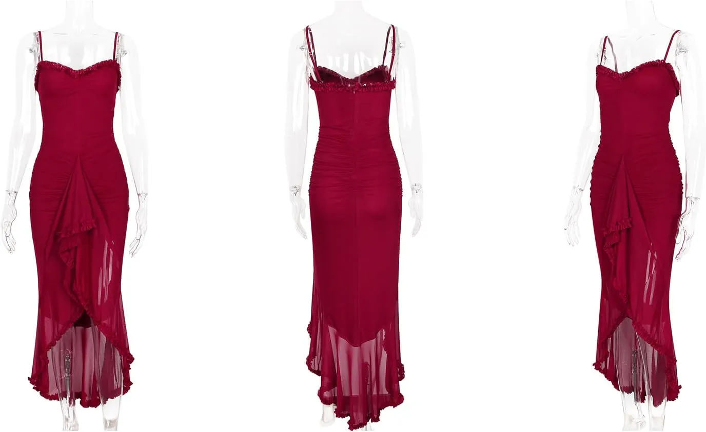 LETSVDO Women's Mesh Ruffle Maxi Dress Bodycon Ruched Corset Spaghetti Strap High Low Irregular Hem Sexy Party Dresses