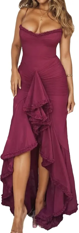 LETSVDO Women's Mesh Ruffle Maxi Dress Bodycon Ruched Corset Spaghetti Strap High Low Irregular Hem Sexy Party Dresses