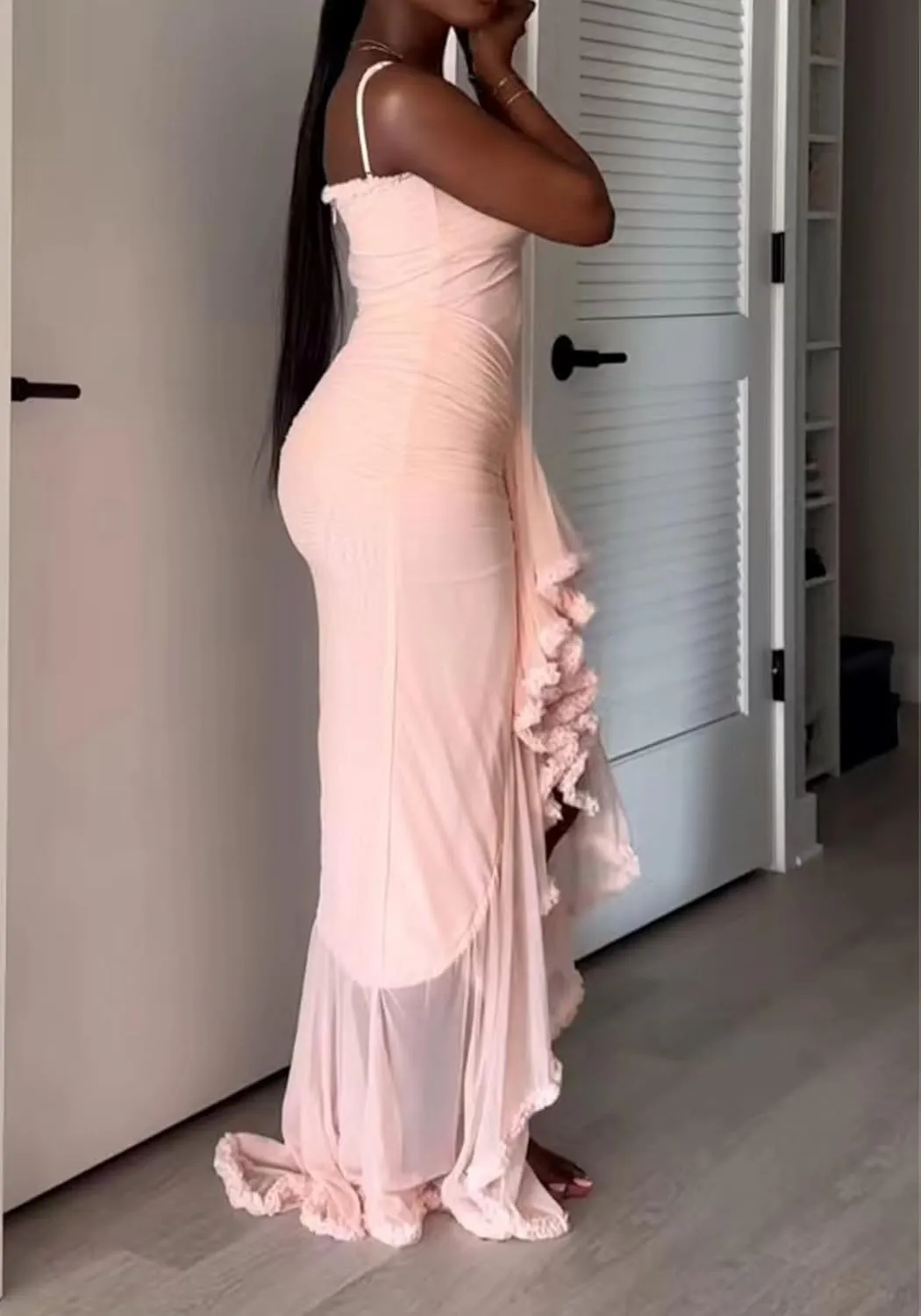 LETSVDO Women's Mesh Ruffle Maxi Dress Bodycon Ruched Corset Spaghetti Strap High Low Irregular Hem Sexy Party Dresses