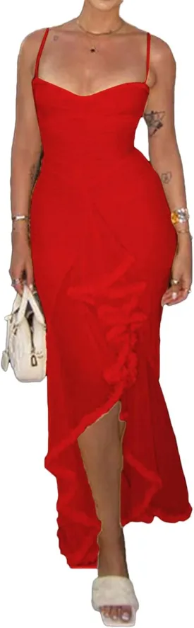 LETSVDO Women's Mesh Ruffle Maxi Dress Bodycon Ruched Corset Spaghetti Strap High Low Irregular Hem Sexy Party Dresses