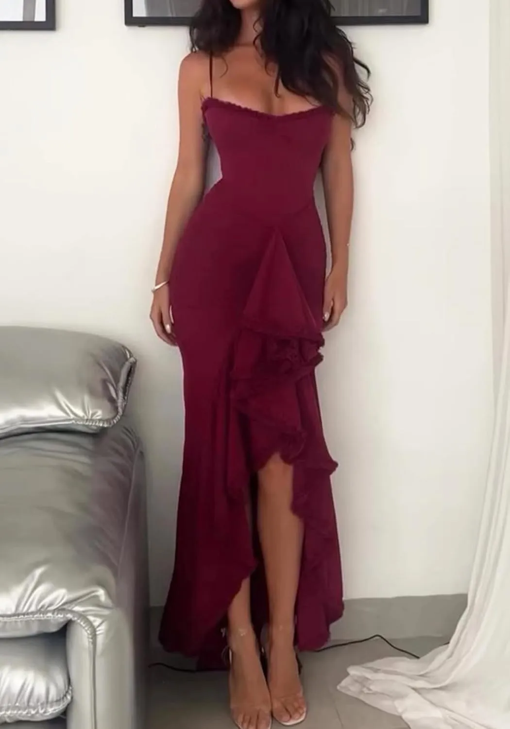 LETSVDO Women's Mesh Ruffle Maxi Dress Bodycon Ruched Corset Spaghetti Strap High Low Irregular Hem Sexy Party Dresses