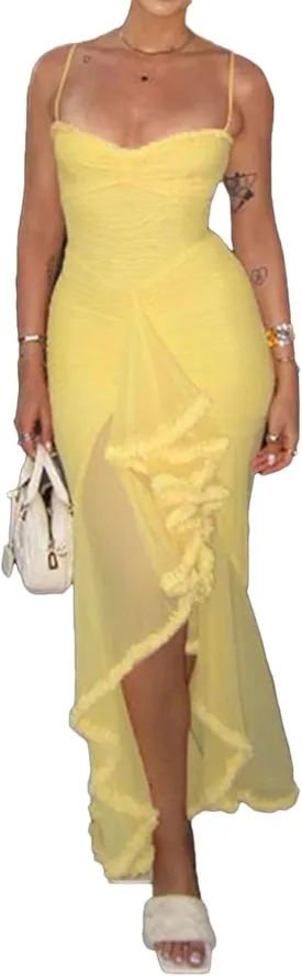 LETSVDO Women's Mesh Ruffle Maxi Dress Bodycon Ruched Corset Spaghetti Strap High Low Irregular Hem Sexy Party Dresses