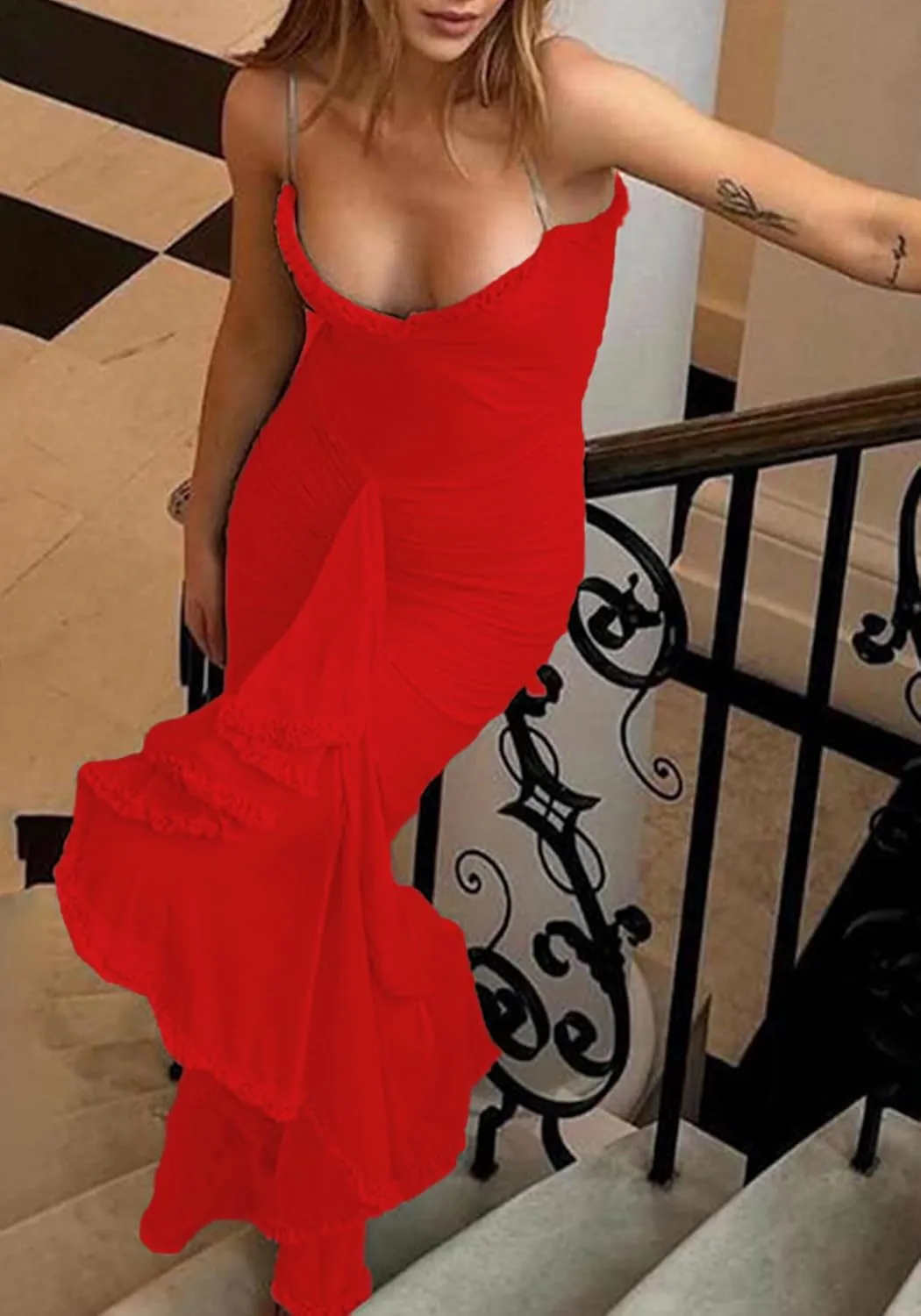 LETSVDO Women's Mesh Ruffle Maxi Dress Bodycon Ruched Corset Spaghetti Strap High Low Irregular Hem Sexy Party Dresses