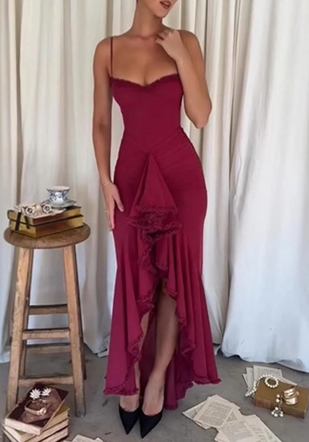 LETSVDO Women's Mesh Ruffle Maxi Dress Bodycon Ruched Corset Spaghetti Strap High Low Irregular Hem Sexy Party Dresses