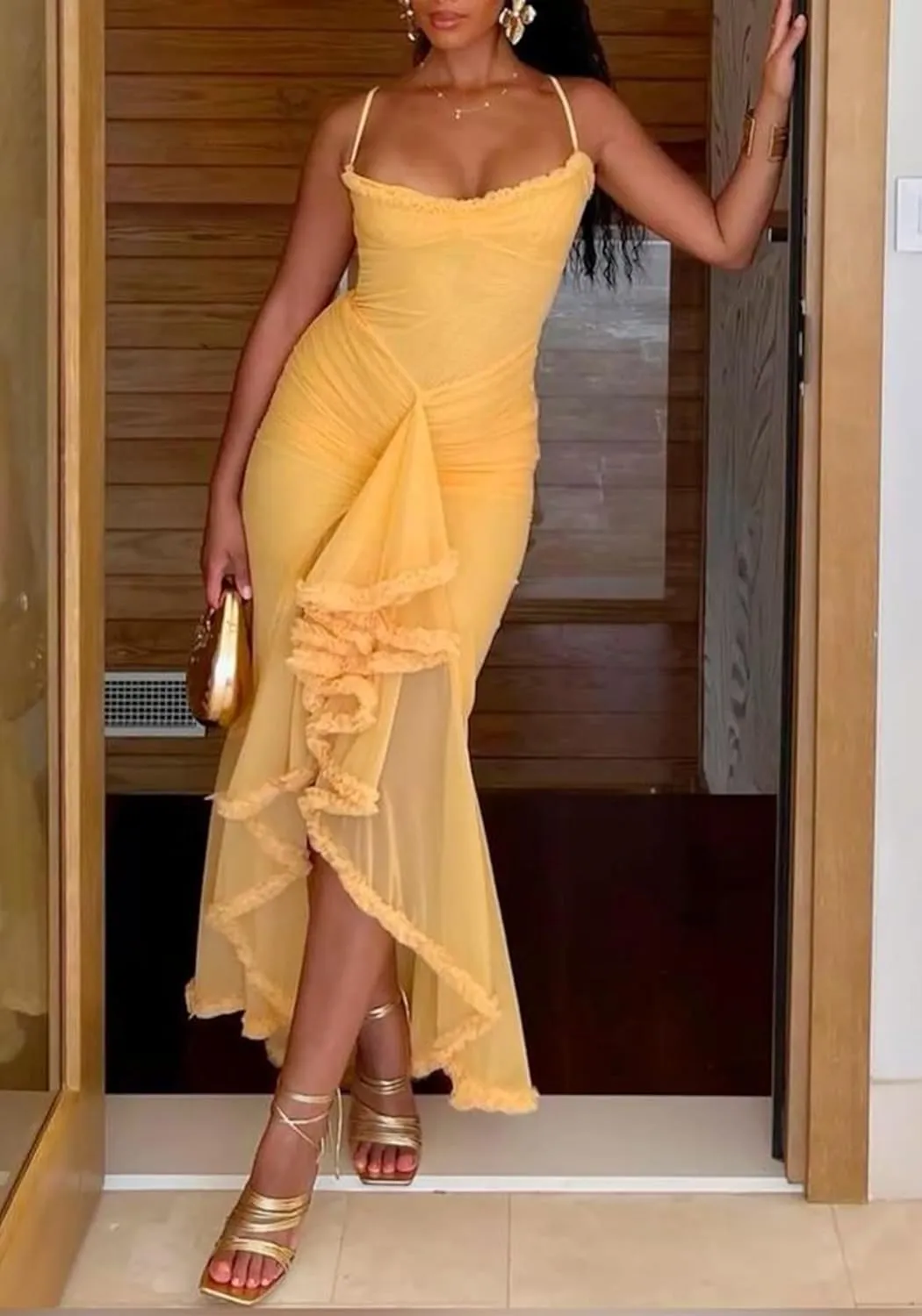 LETSVDO Women's Mesh Ruffle Maxi Dress Bodycon Ruched Corset Spaghetti Strap High Low Irregular Hem Sexy Party Dresses