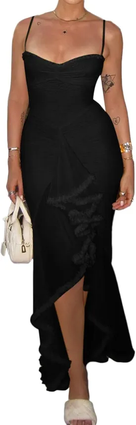 LETSVDO Women's Mesh Ruffle Maxi Dress Bodycon Ruched Corset Spaghetti Strap High Low Irregular Hem Sexy Party Dresses