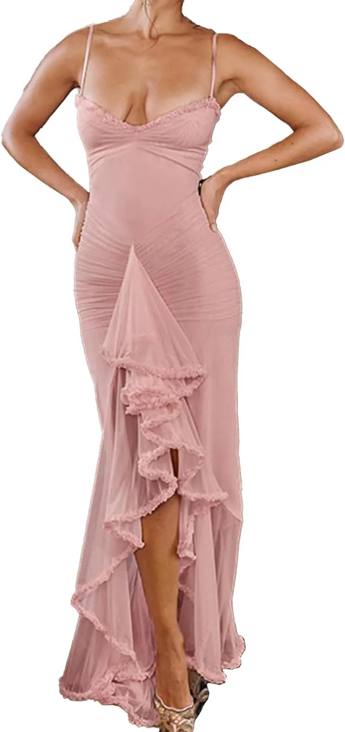 LETSVDO Women's Mesh Ruffle Maxi Dress Bodycon Ruched Corset Spaghetti Strap High Low Irregular Hem Sexy Party Dresses