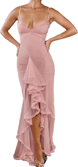LETSVDO Women's Mesh Ruffle Maxi Dress Bodycon Ruched Corset Spaghetti Strap High Low Irregular Hem Sexy Party Dresses