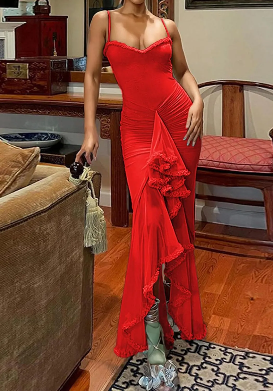 LETSVDO Women's Mesh Ruffle Maxi Dress Bodycon Ruched Corset Spaghetti Strap High Low Irregular Hem Sexy Party Dresses