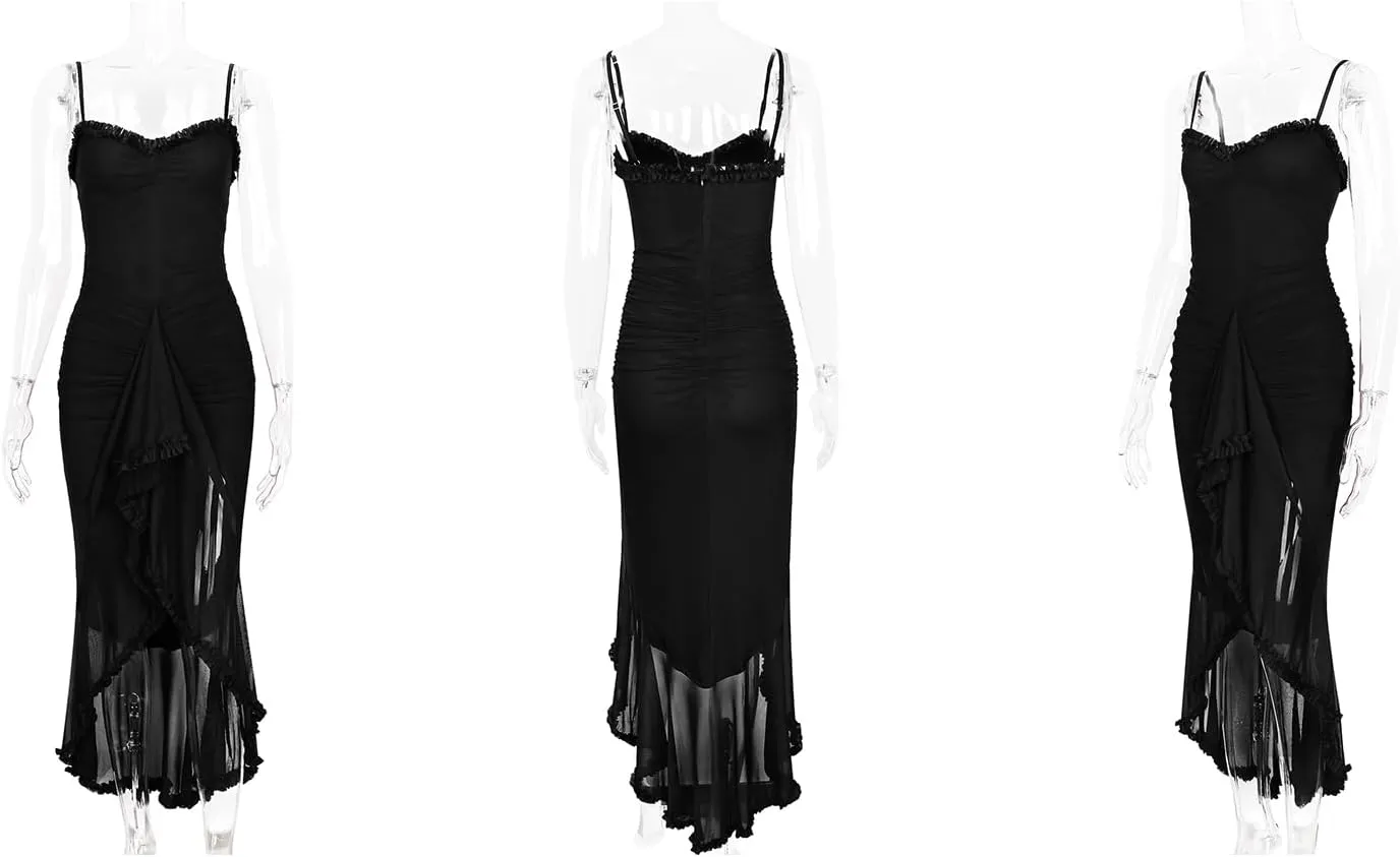 LETSVDO Women's Mesh Ruffle Maxi Dress Bodycon Ruched Corset Spaghetti Strap High Low Irregular Hem Sexy Party Dresses