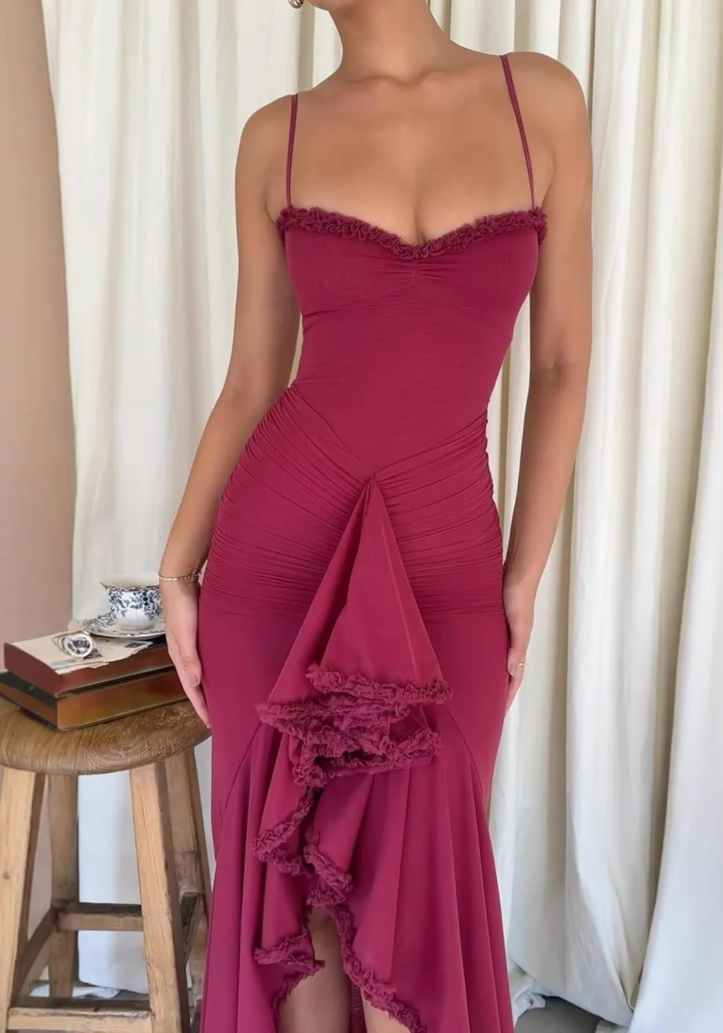LETSVDO Women's Mesh Ruffle Maxi Dress Bodycon Ruched Corset Spaghetti Strap High Low Irregular Hem Sexy Party Dresses